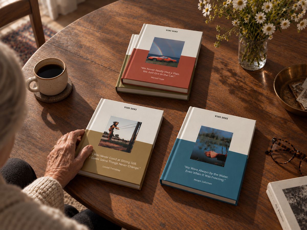 Three VIXI DIXI hardcover books on a wooden kitchen table, an older woman's hand resting on one, next to a cup of coffee.